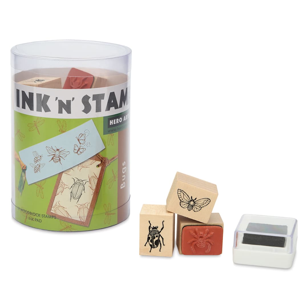 Open in modal - Hero Arts Bugs Woodblock Ink ‘n’ Stamps Set, several stamps and ink pad next to packaging