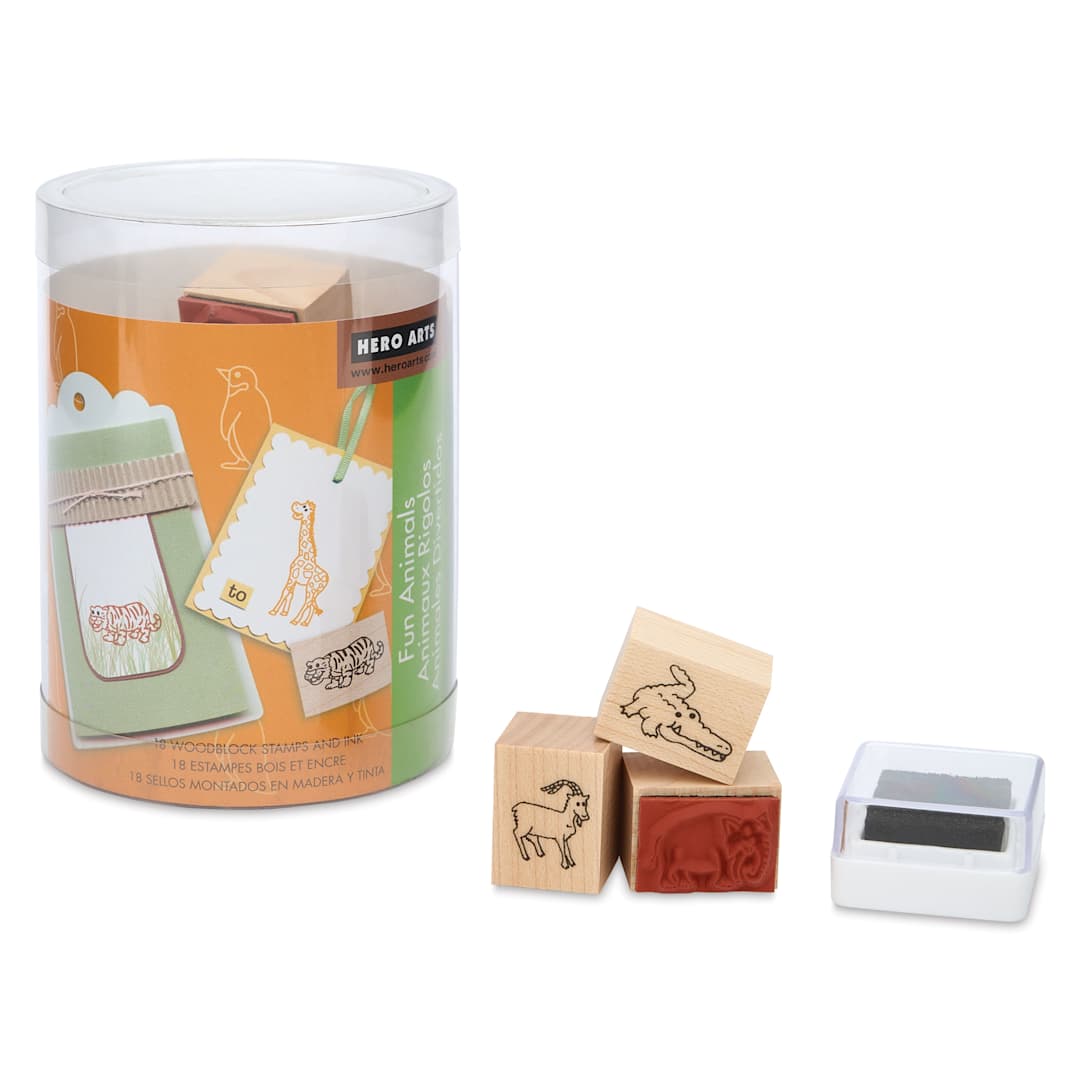 Open in modal - Hero Arts Fun Animals Woodblock Ink 'n' Stamps - Set of 19 packaging and stamps with ink pad