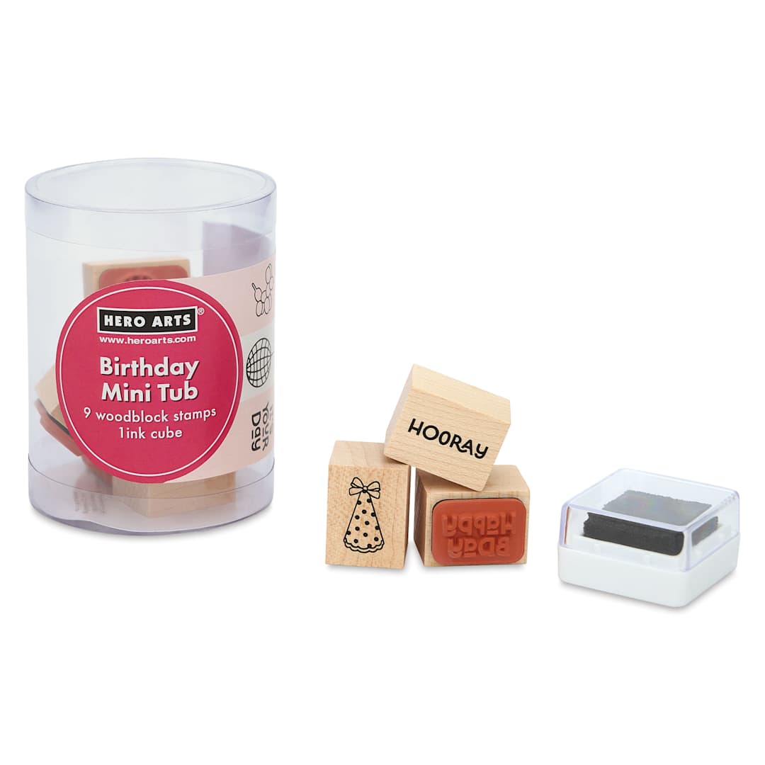 Open in modal - Hero Arts Birthday Mini Tub Woodblock Stamps - Set of 10 packaging with stamps and ink pad