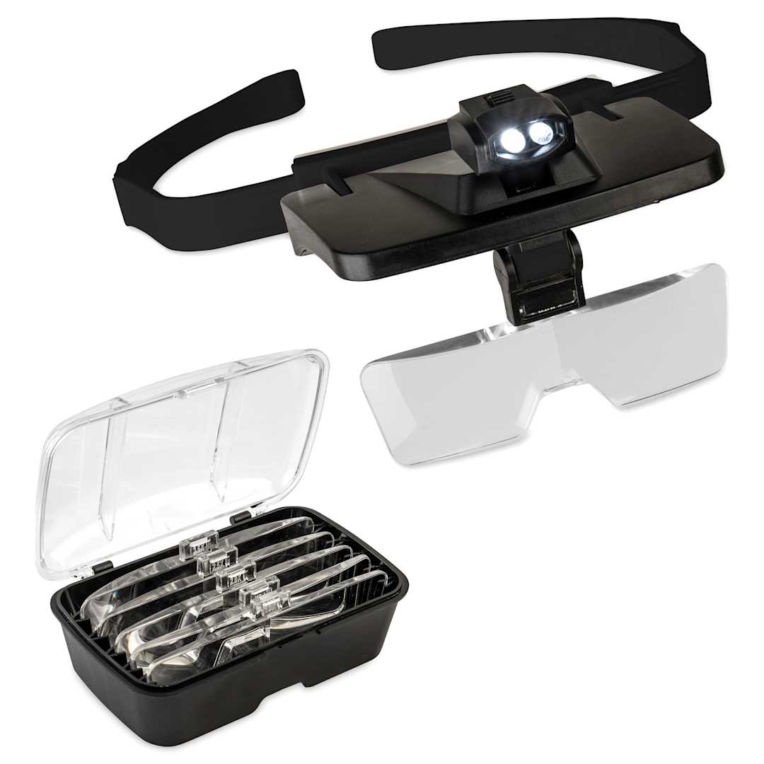 Open in modal - John Bead Head Mounted Magnifier with Lights with case and swappable lenses