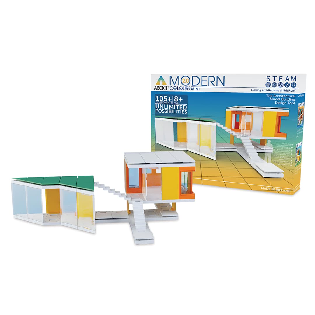 Open in modal - Arckit Mini Modern Colours 2.0 Architectural Kit - Front of package with finished house