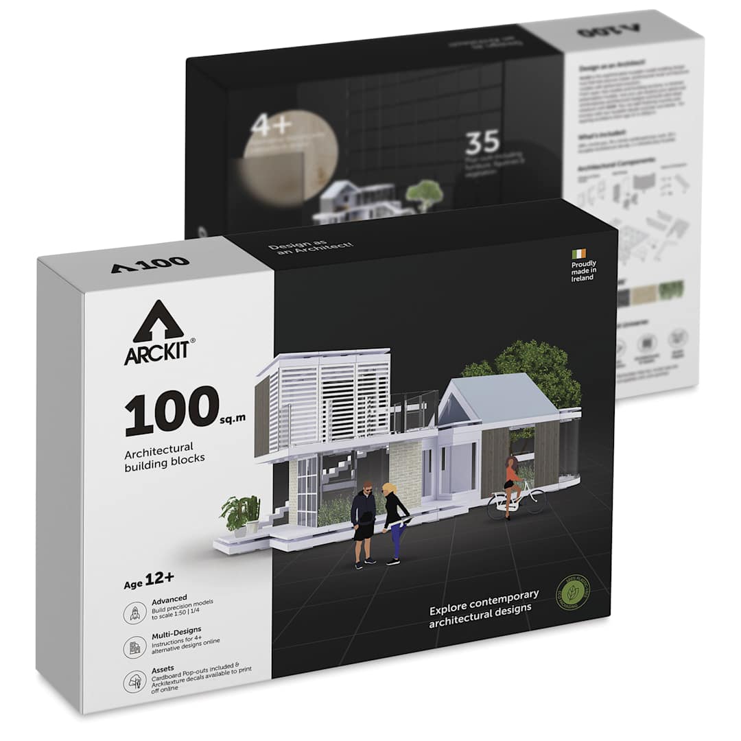 Open in modal - Arckit 100 sqm. Architectural Model Building Kit, front and back of box