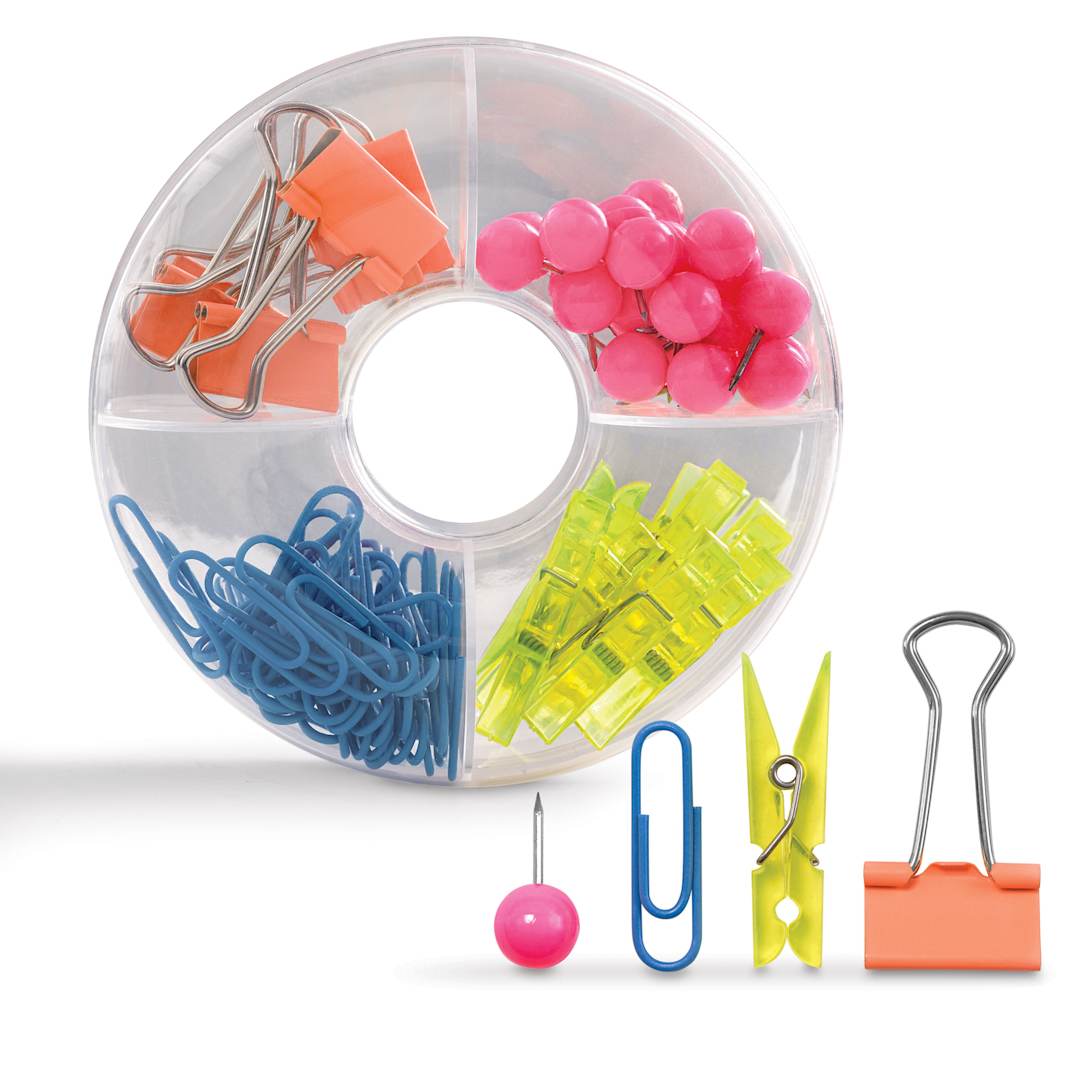 Open in modal - artPOP! Rainbow Clips and Pins Set (Closeup of pushpin, paperclip, clothespin and binder clip with set)