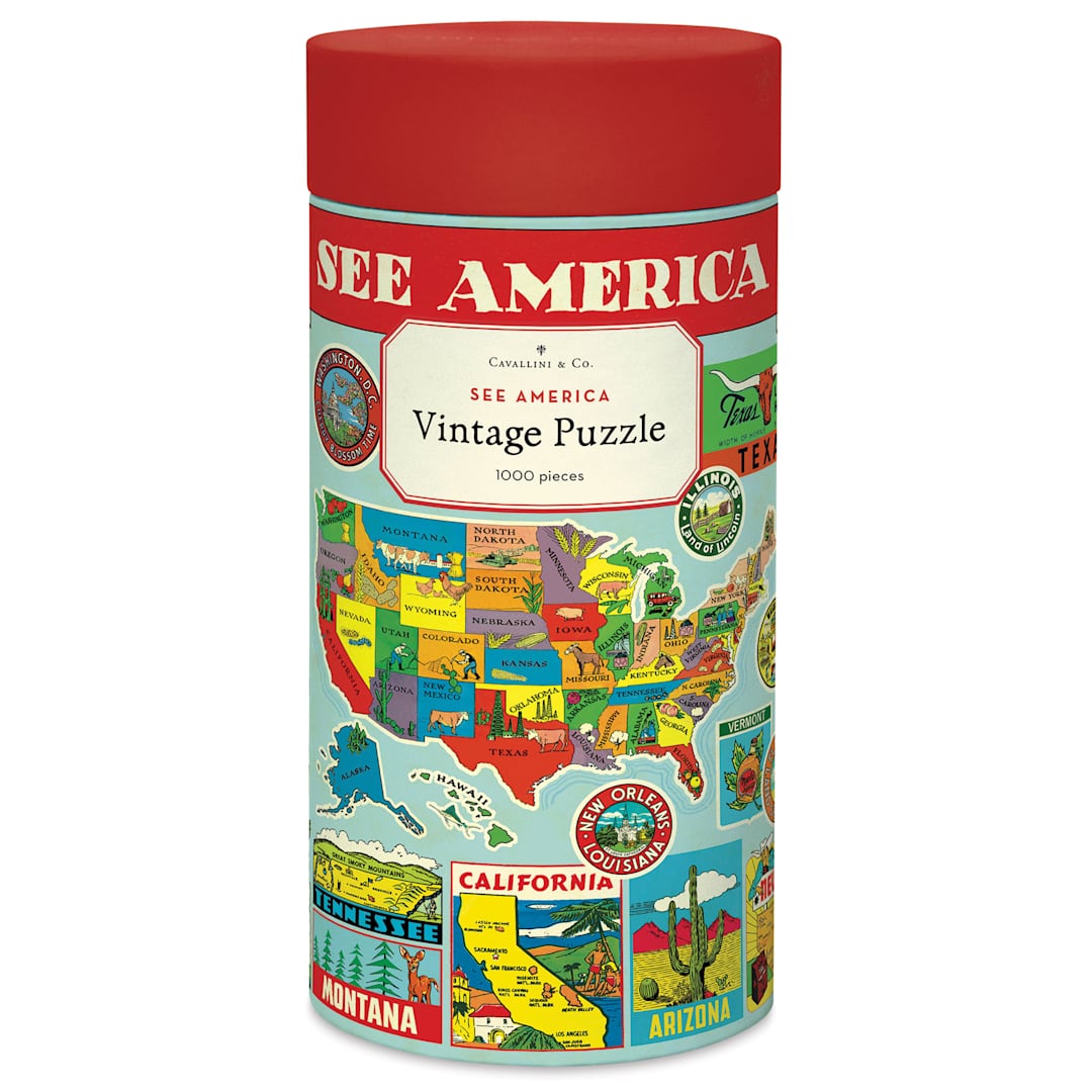 Open in modal - Cavallini Vintage See America 1,000 Piece Puzzle front of packaging