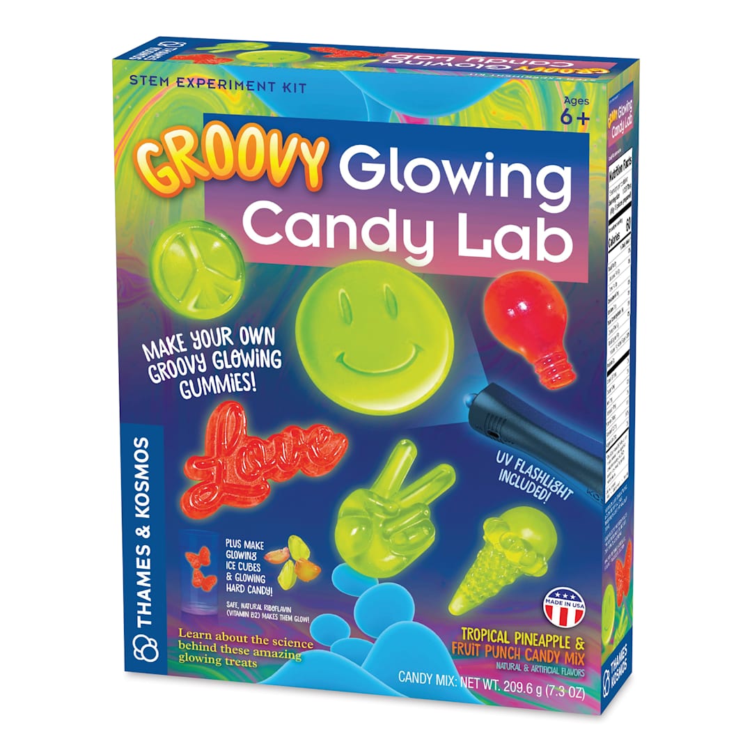Open in modal - Thames & Kosmos Groovy Glowing Candy Lab STEM Experiment Kit (front of box)