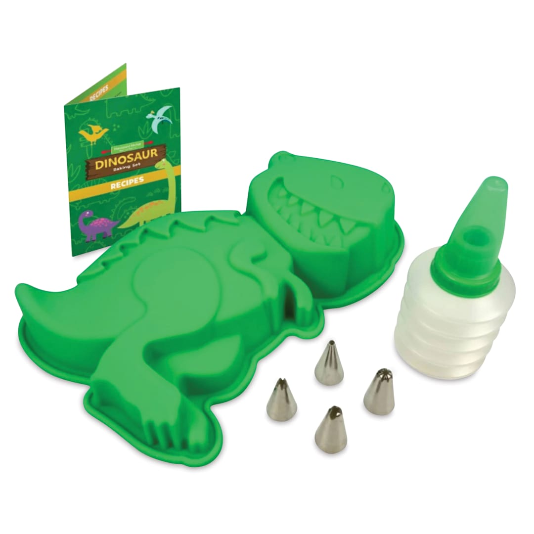 Open in modal - Handstand Kitchen Large Cake Making Set - Dinosaur, laid out utensils and recipe book.