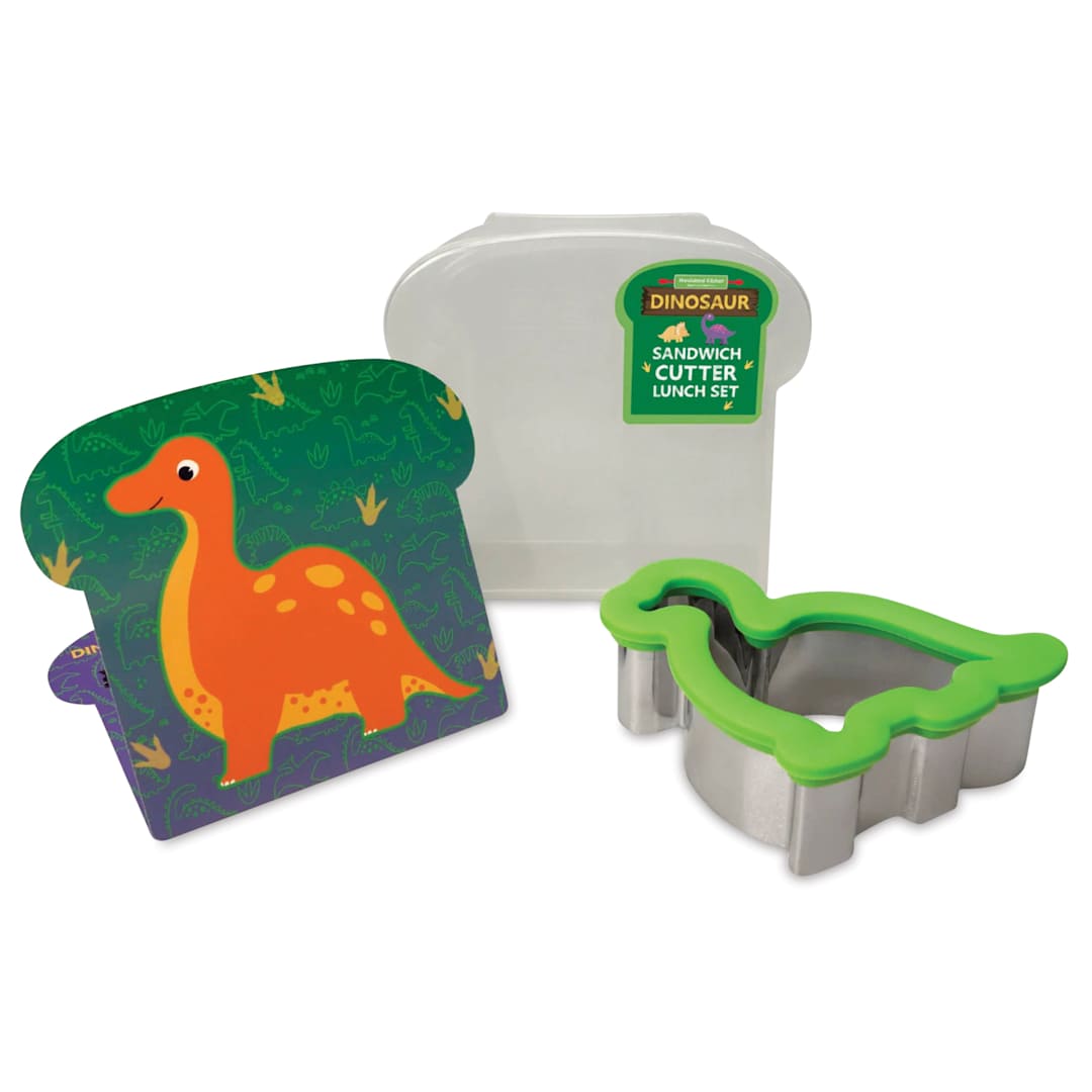 Open in modal - Handstand Kitchen Sandwich Cutter Lunch Set - Dinosaur, sandwich carrier and cutter laid out.