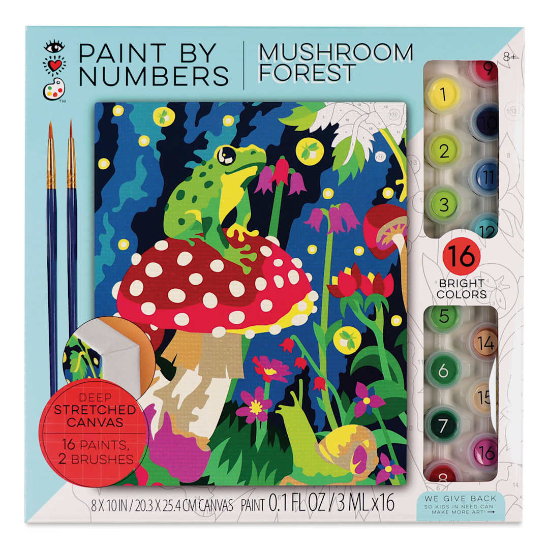 Open in modal - Bright Stripes iHeartArt Paint By Number Kit - Frog and Mushroom, front of packaging