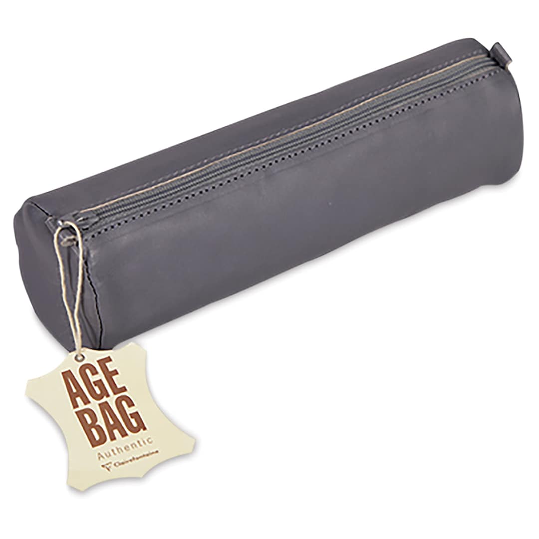 Open in modal - Clairefontaine Round Leather Pencil Cases - Side view of closed Grey Pencil Case