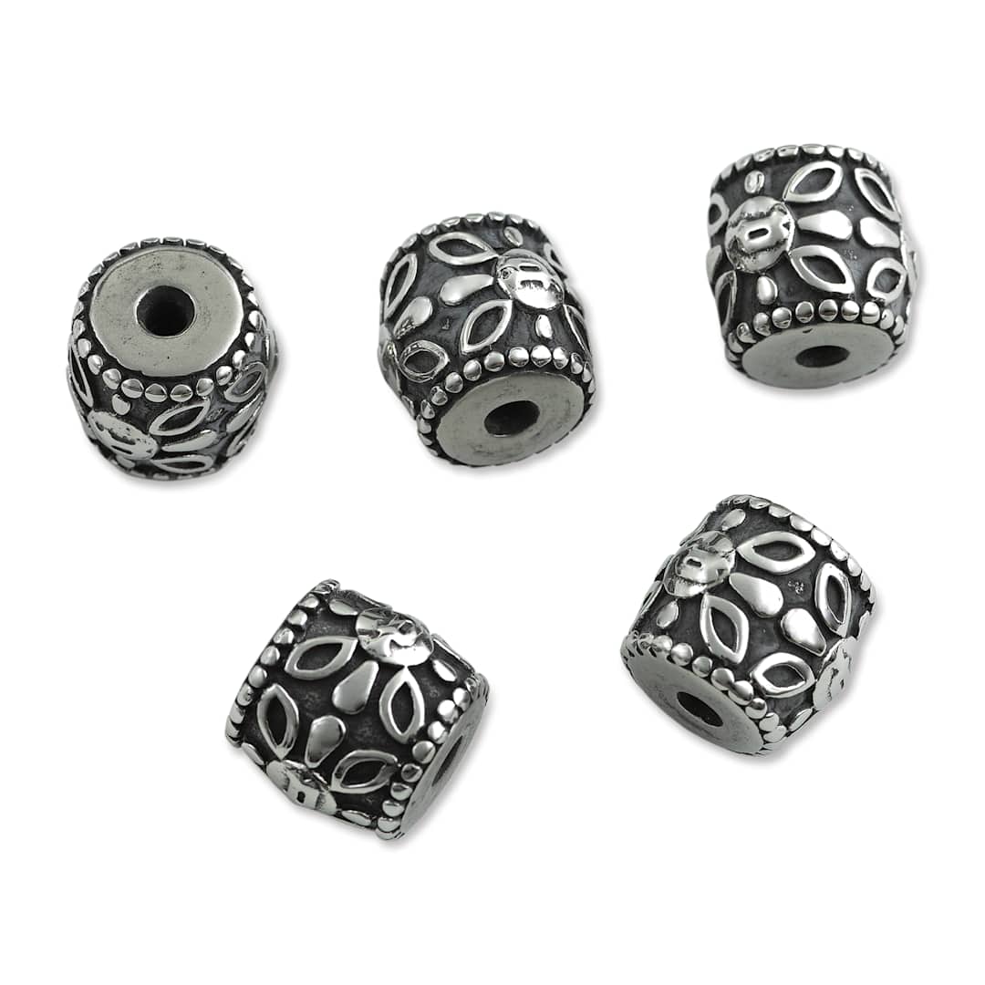 Open in modal - John Bead Antique Stainless Steel Beads - Barrel with Flower, 12 x 12 mm, Pkg of 5