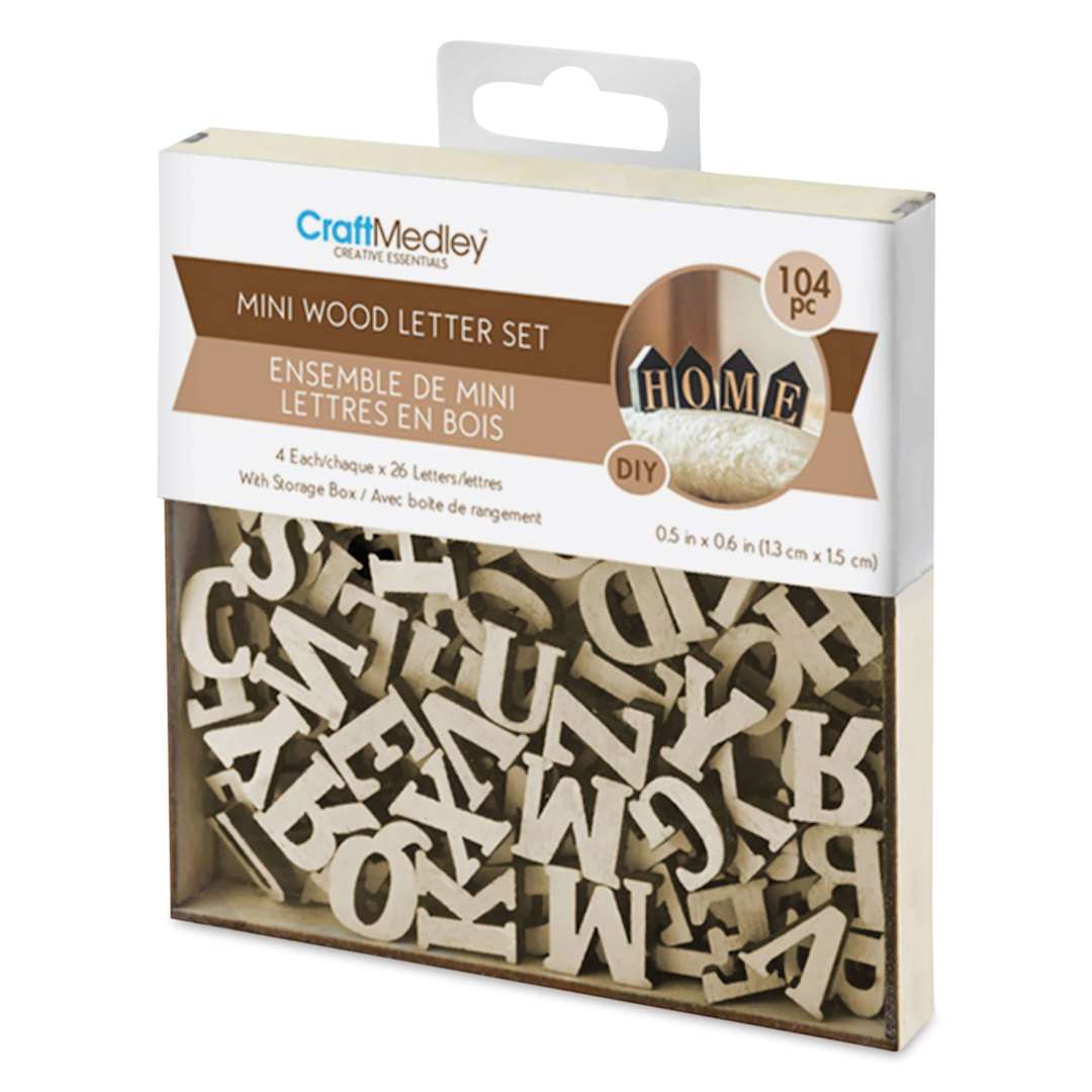 Open in modal - Craft Medley Mini Wood Letter Set - Natural, Pkg of 104 (front of packaging)