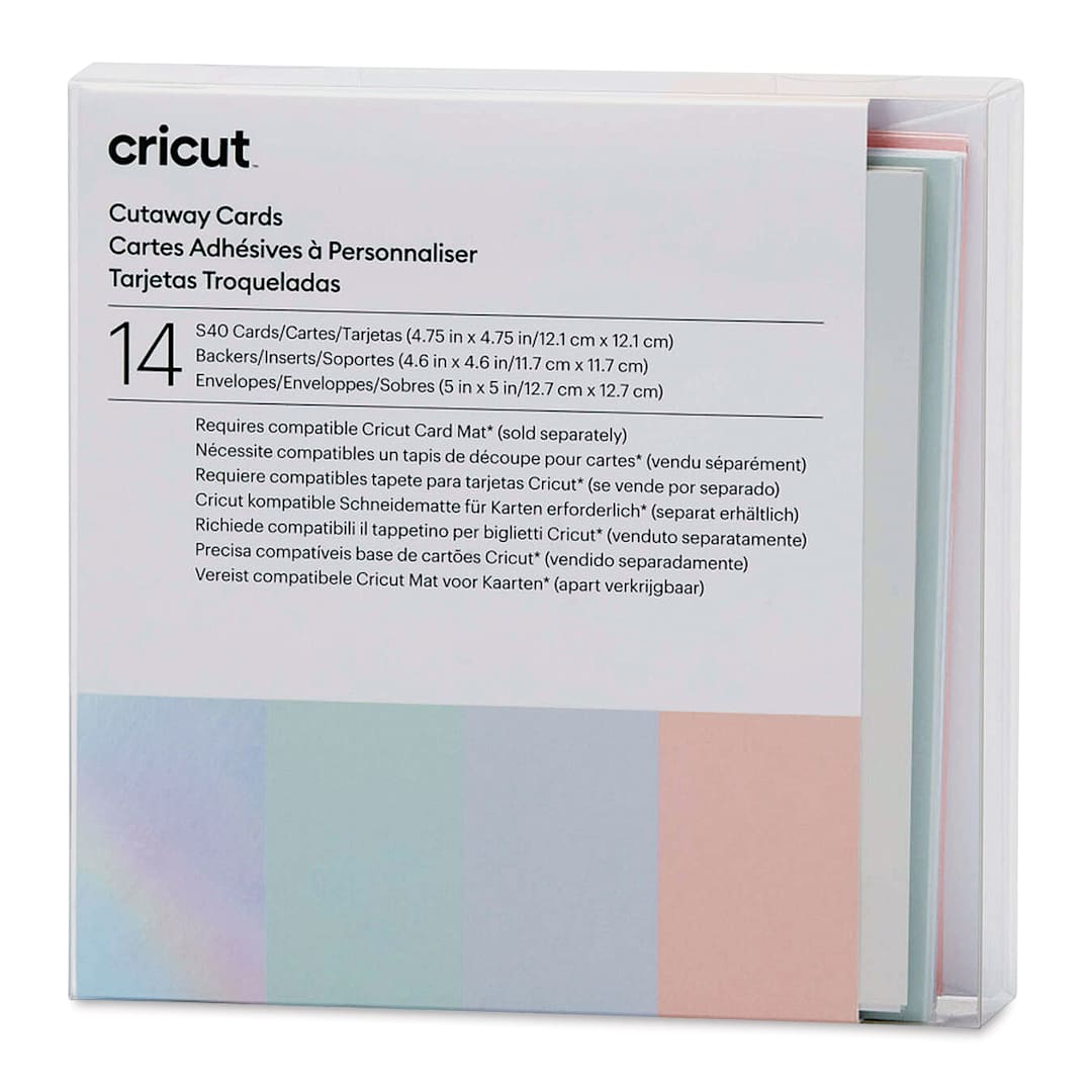 Open in modal - Cricut Cutaway Cards, Inserts, and Envelopes - Pastel, Pkg of 14, front of the packaging. 