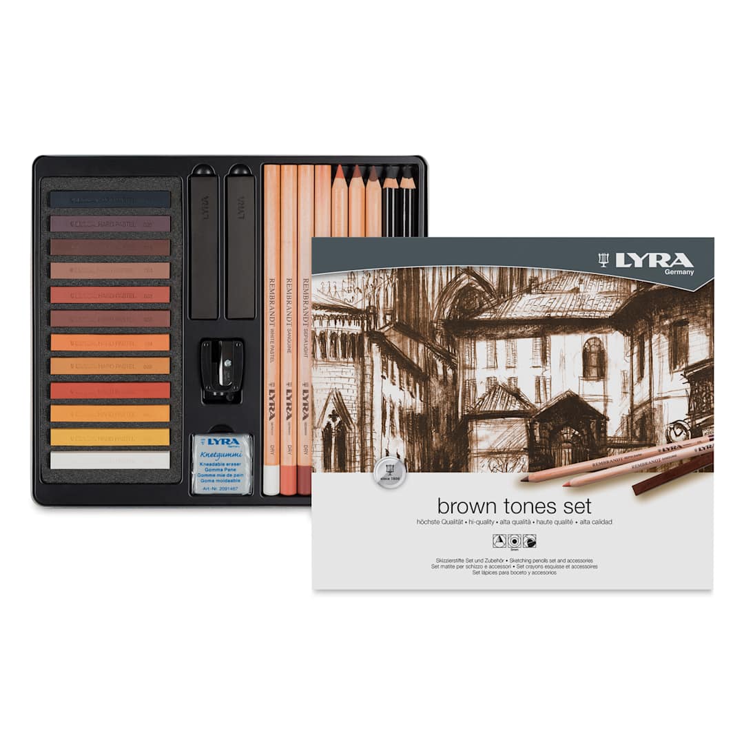 Open in modal - Lyra Brown Tones Sketching Set (contents in open tin with front packaging)
