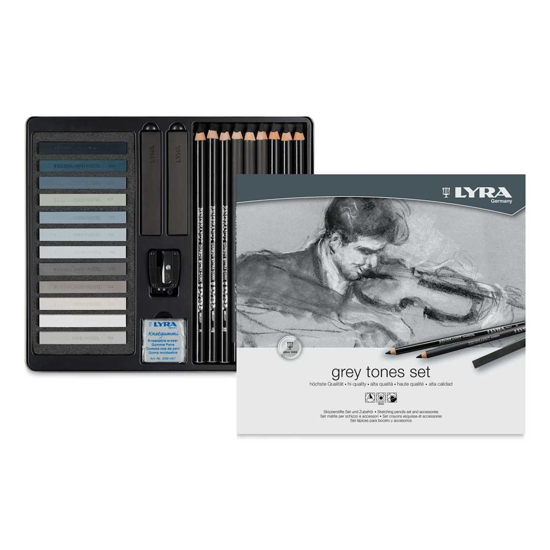 Open in modal - Lyra Grey Tones Sketching Set (contents in open tin with front packaging)