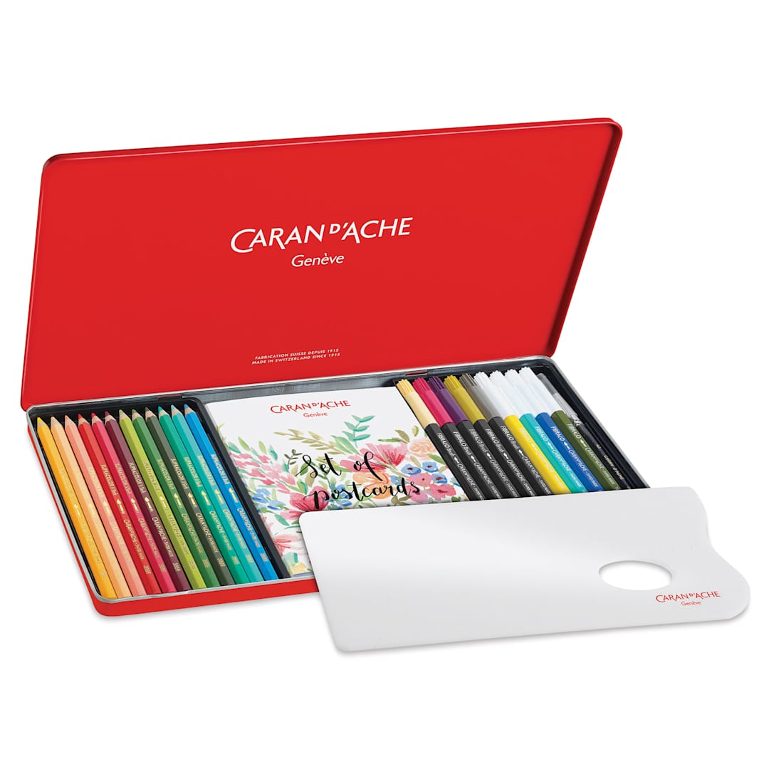 Open in modal - Caran d'Ache Mixed Media Botanical Set, palette and contents show in metal case with lid open