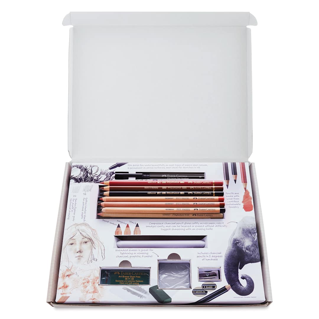 Open in modal - Faber-Castell Graphic Art Try It Box - Dry Mediums Set, contents shown inside the box