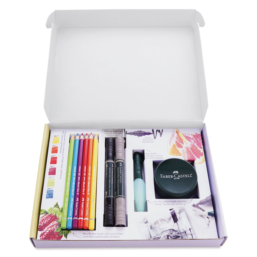 Open in modal - Faber-Castell Graphic Art Try It Box - Wet Mediums Set, contents shown inside of the box