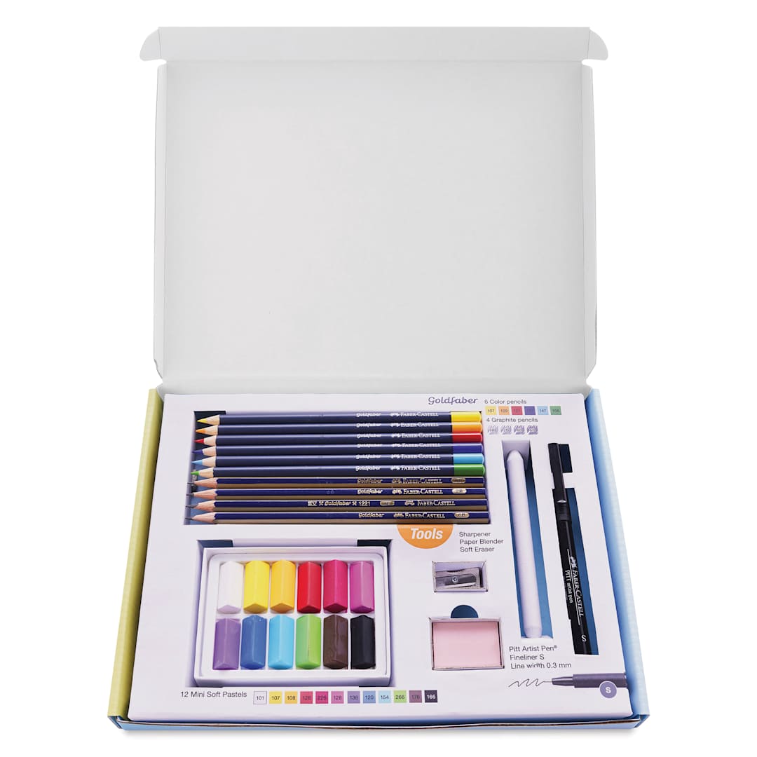 Open in modal - Faber-Castell Creative Studio Try It Box - Dry Mediums Set, contents shown inside the box