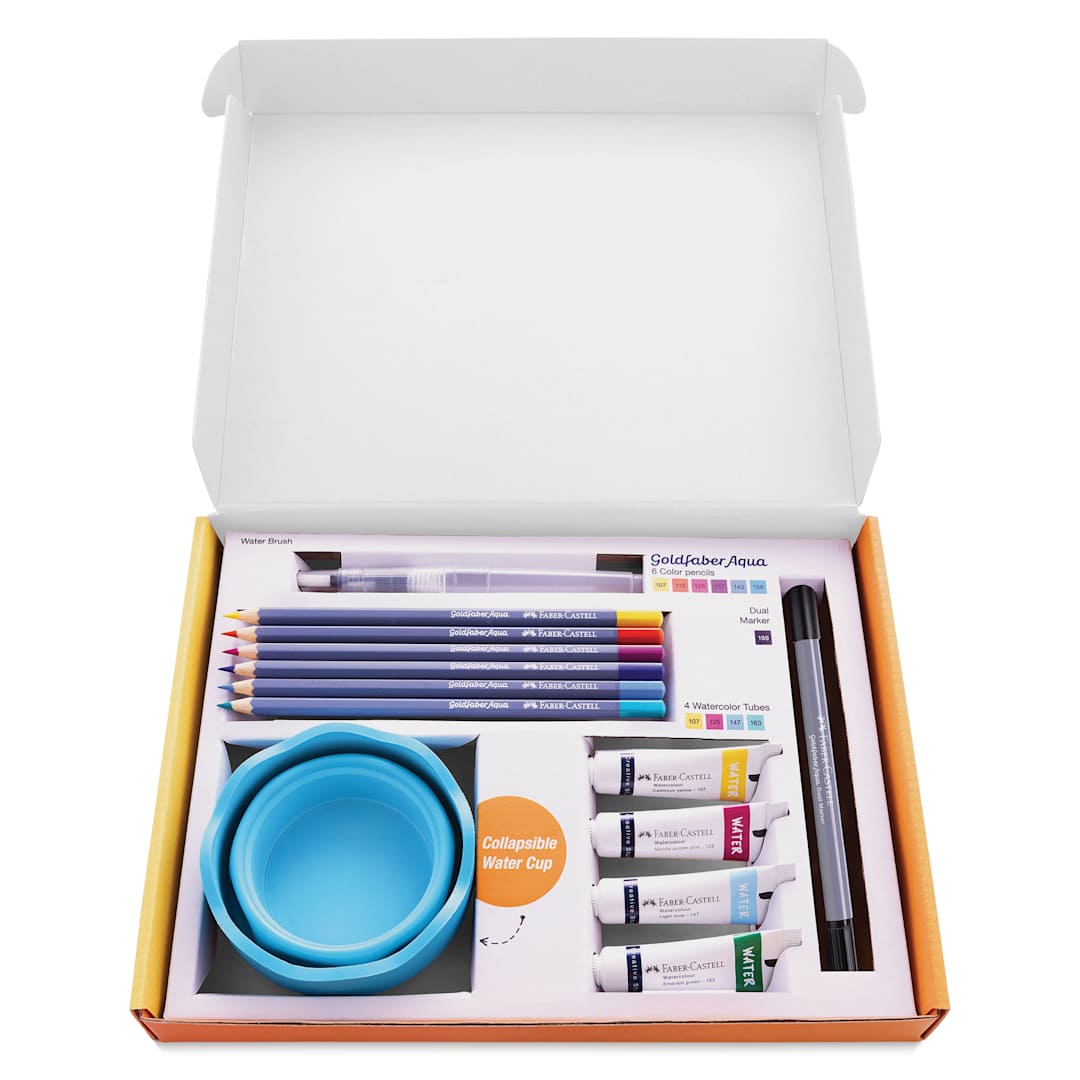 Open in modal - Faber-Castell Creative Studio Try It Box - Wet Mediums Set, contents shown inside of the box
