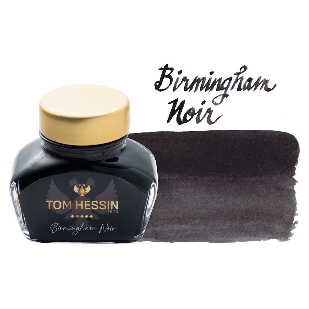 Open in modal - Tom Hessin Fountain Pen Ink - Birmingham Noir, 30 ml bottle and swatch