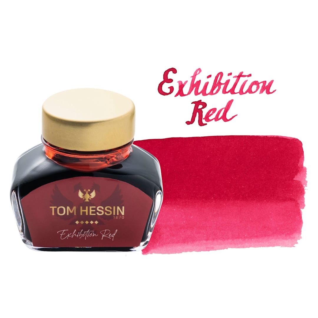 Open in modal - Tom Hessin Fountain Pen Ink - Exhibition Red, 30 ml bottle and swatch