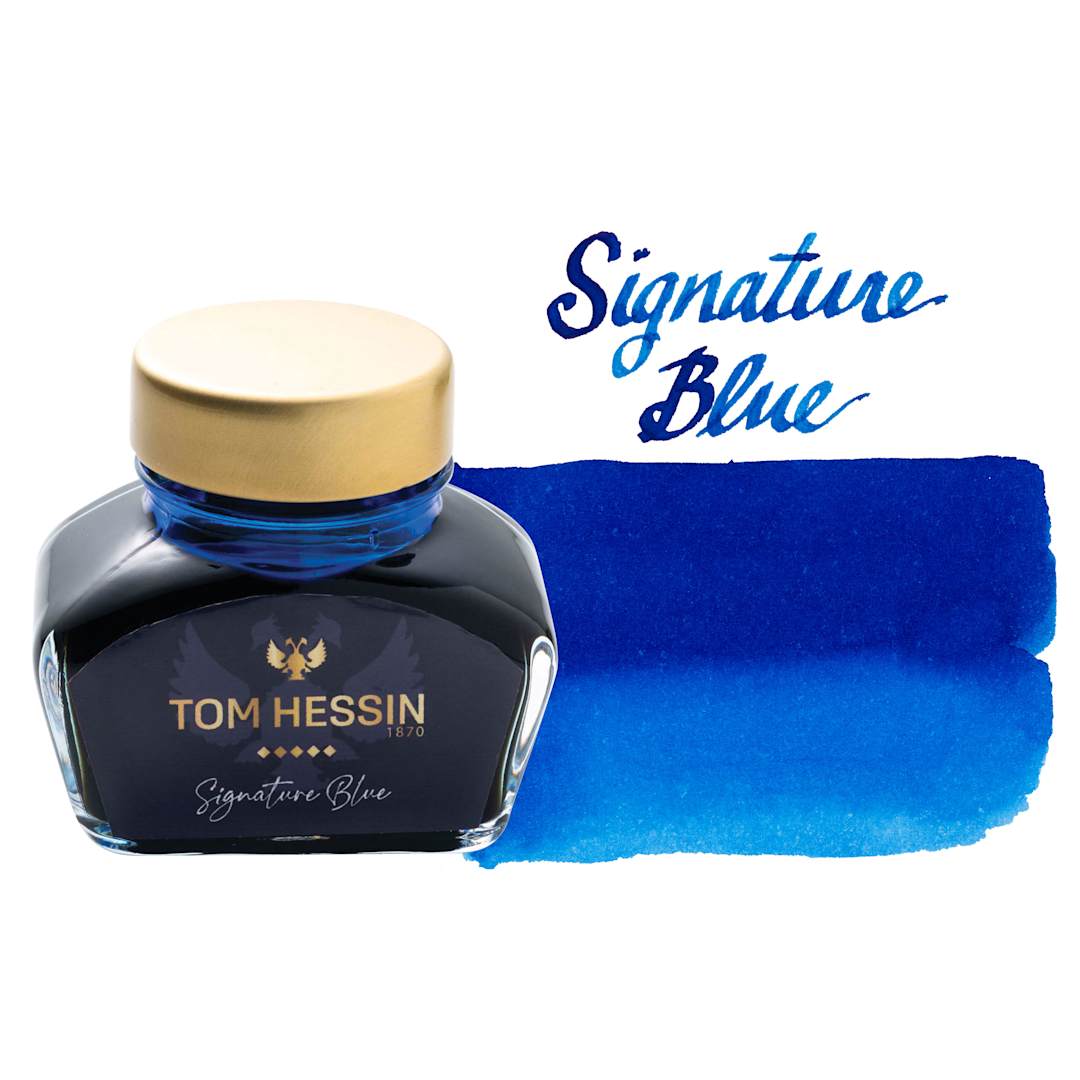 Open in modal - Tom Hessin Fountain Pen Ink - Signature Blue, 30 ml bottle and swatch