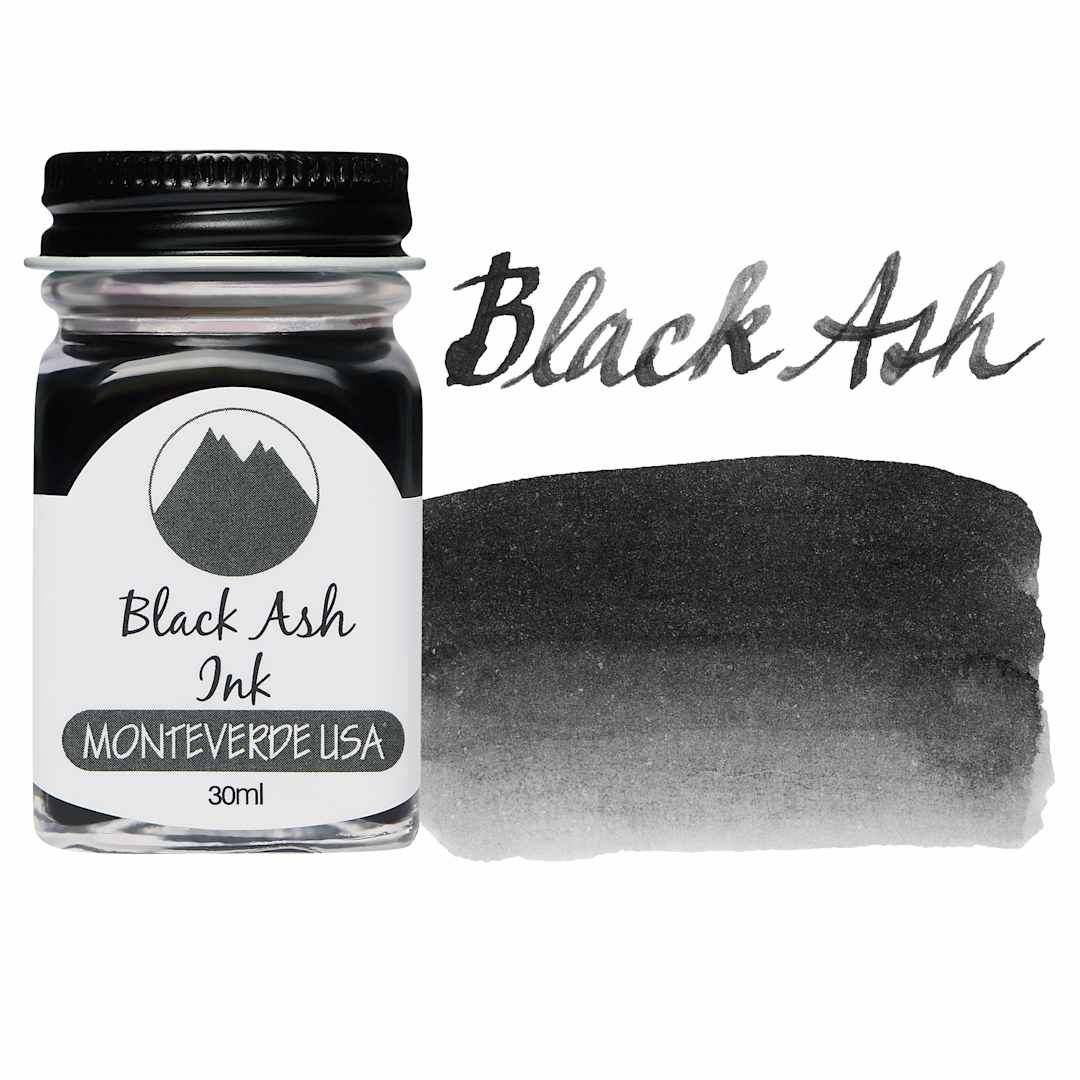 Open in modal - Monteverde Core Fountain Pen Ink - Black Ash, 30 ml bottle and swatch