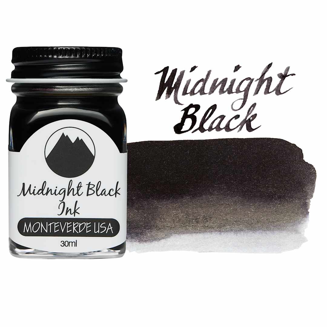 Open in modal - Monteverde Core Fountain Pen Ink - Midnight Black, 30 ml bottle and swatch