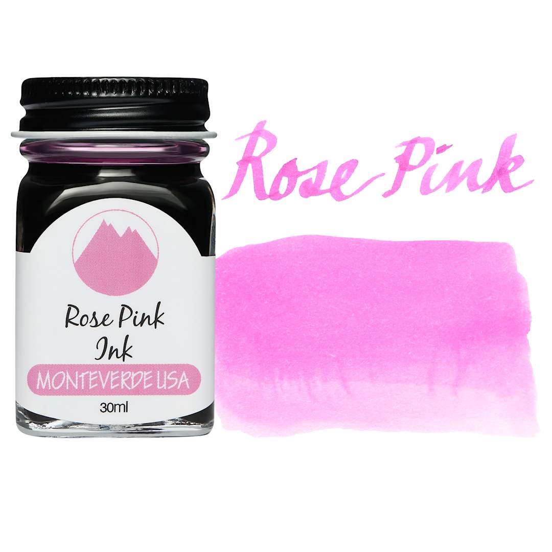 Open in modal - Monteverde Core Fountain Pen Ink - Rose Pink, 30 ml bottle and swatch