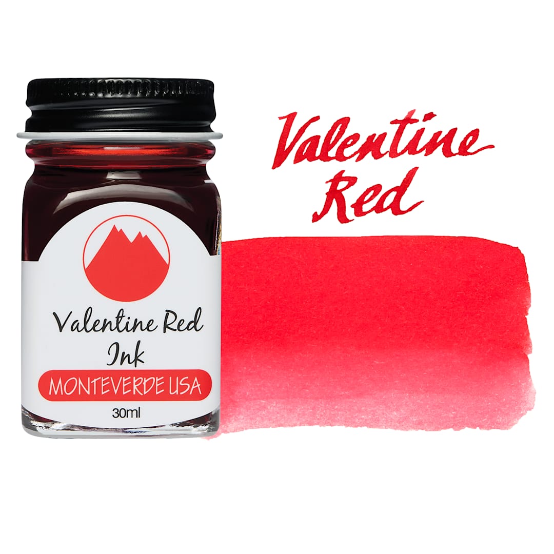 Open in modal - Monteverde Core Fountain Pen Ink - Valentine Red, 30 ml bottle and swatch