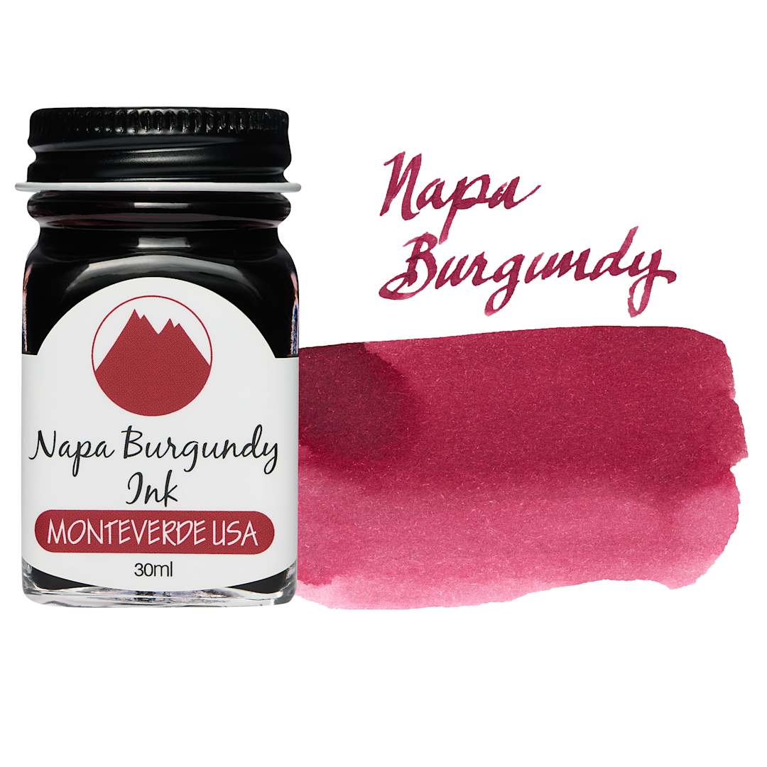 Open in modal - Monteverde Core Fountain Pen Ink - Napa Burgundy, 30 ml bottle and swatch