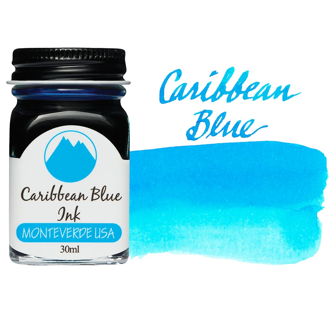 Open in modal - Monteverde Core Fountain Pen Ink - Caribbean Blue, 30 ml bottle and swatch