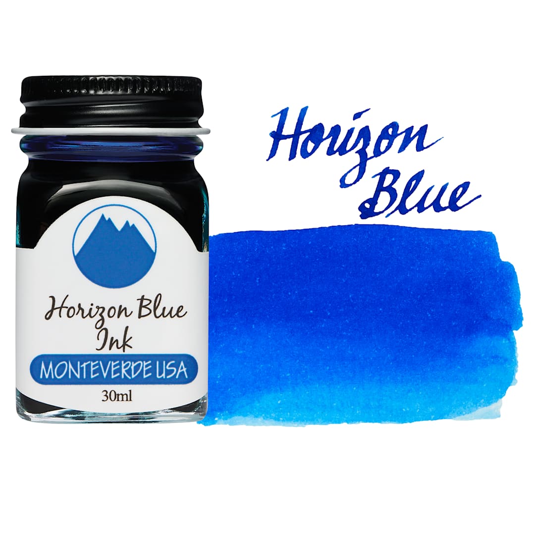 Open in modal - Monteverde Core Fountain Pen Ink - Horizon Blue, 30 ml bottle and swatch