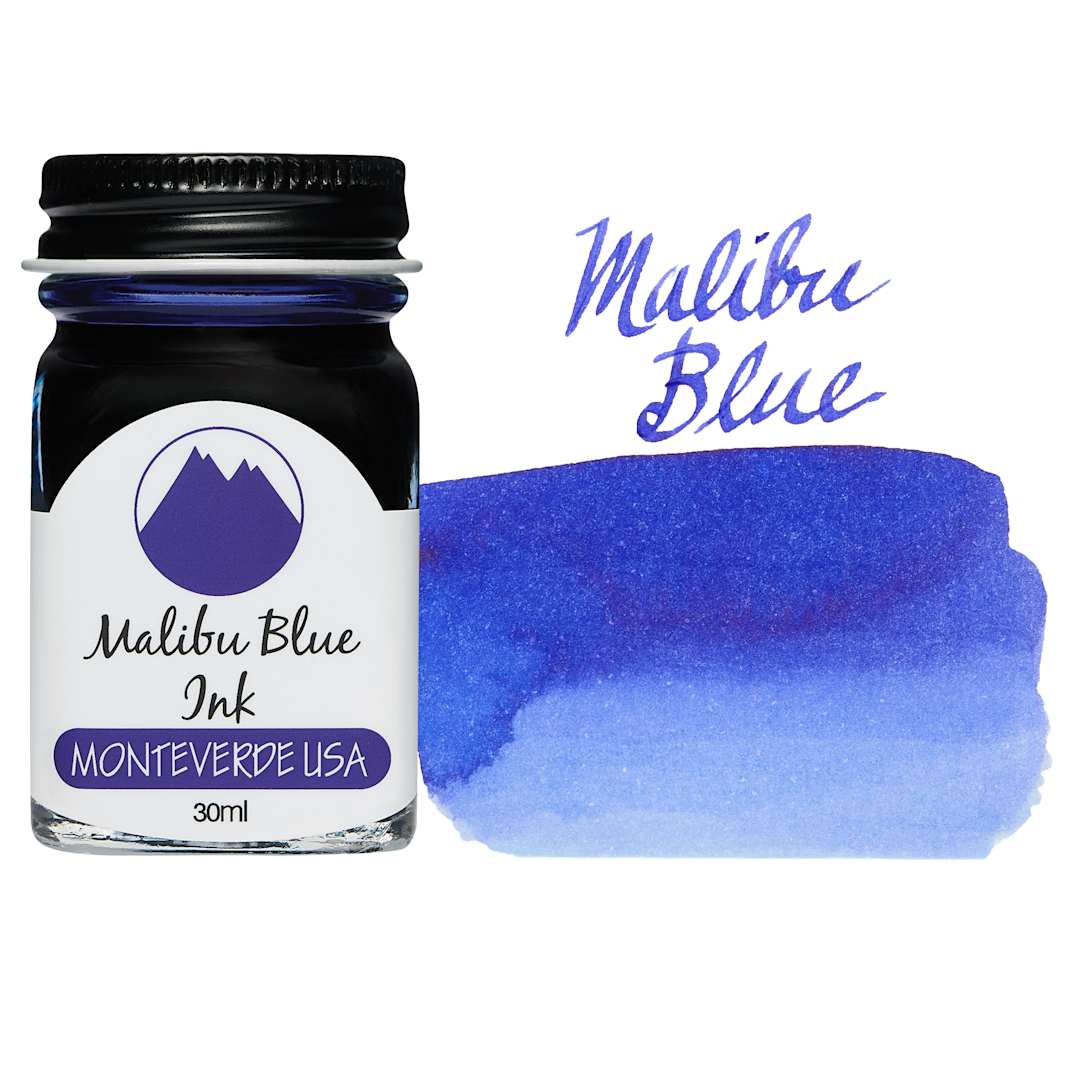 Open in modal - Monteverde Core Fountain Pen Ink - Malibu Blue, 30 ml bottle and swatch