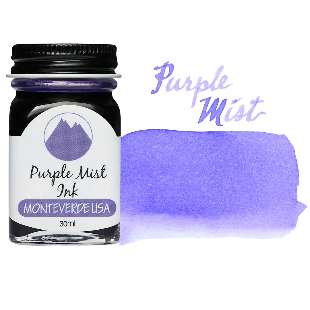 Open in modal - Monteverde Core Fountain Pen Ink - Purple Mist, 30 ml bottle and swatch