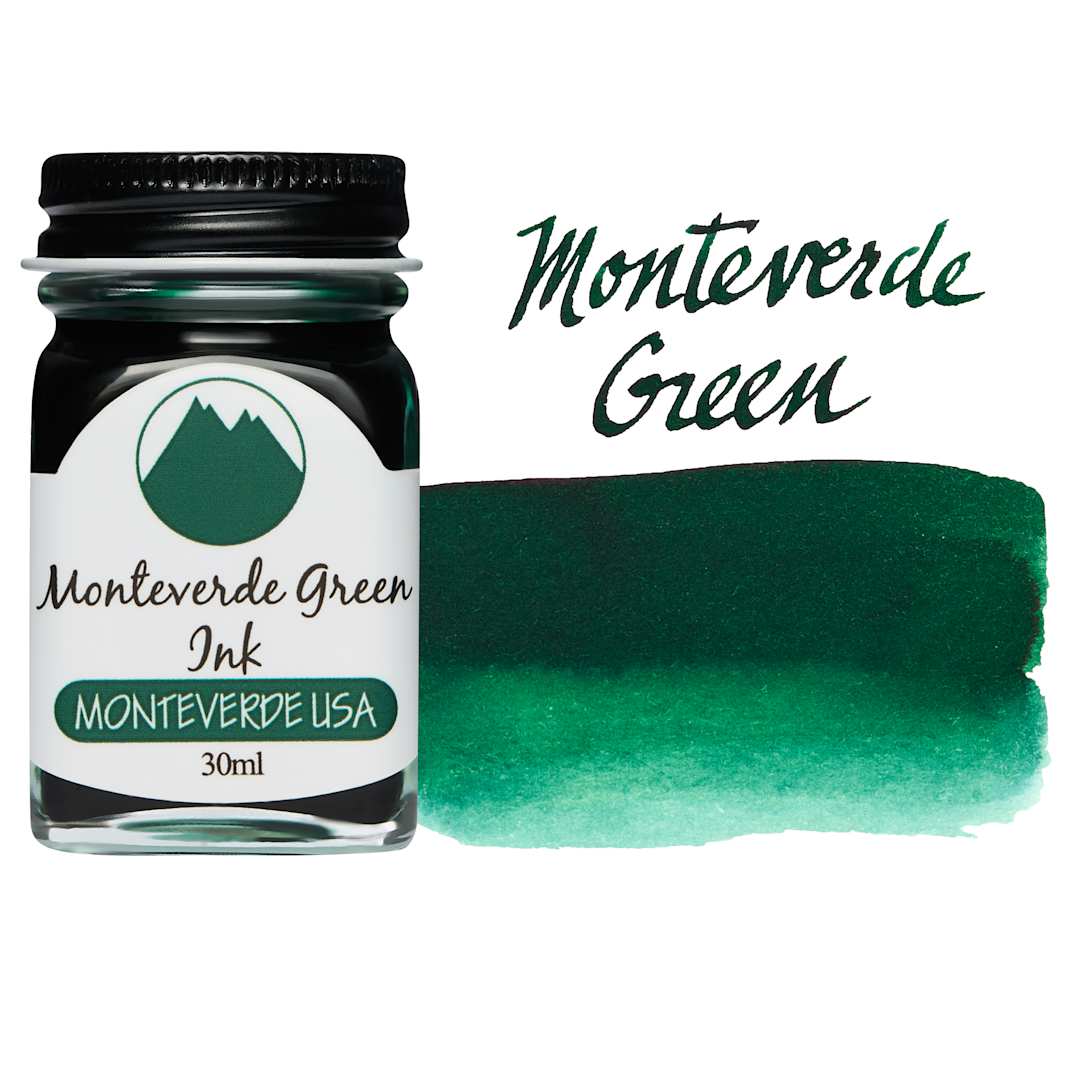 Open in modal - Monteverde Core Fountain Pen Ink - Monteverde Green, 30 ml bottle and swatch
