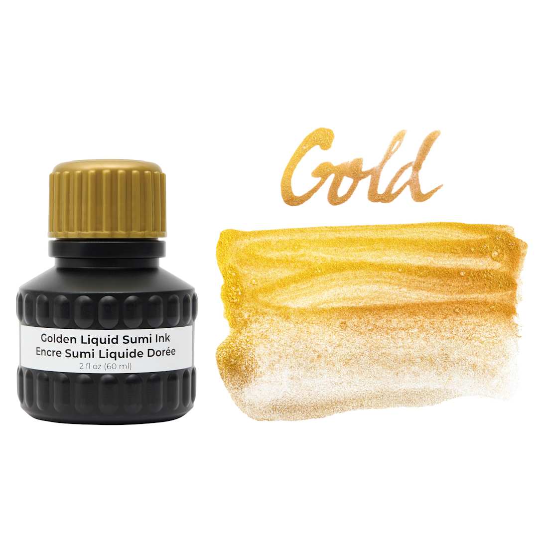Open in modal - Yasutomo Liquid Metallic Sumi Ink - Gold, 2 oz bottle and swatch