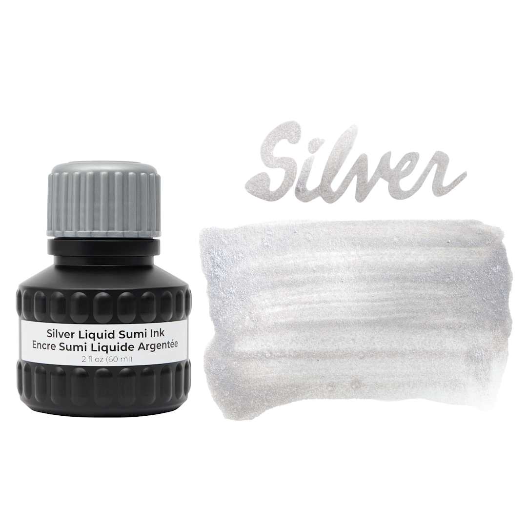 Open in modal - Yasutomo Liquid Metallic Sumi Ink - Silver, 2 oz bottle and swatch