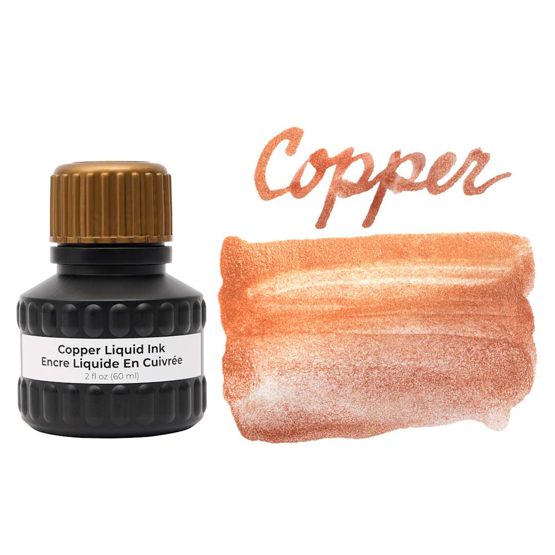 Open in modal - Yasutomo Liquid Metallic Sumi Ink - Copper, 2 oz bottle and swatch
