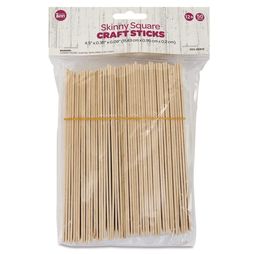 Open in modal - Cousin DIY Skinny Craft Sticks - Skinny Square, Pkg of 50, Natural, 1/10" H x 2/5" W x 4-1/2" L, front of packaging