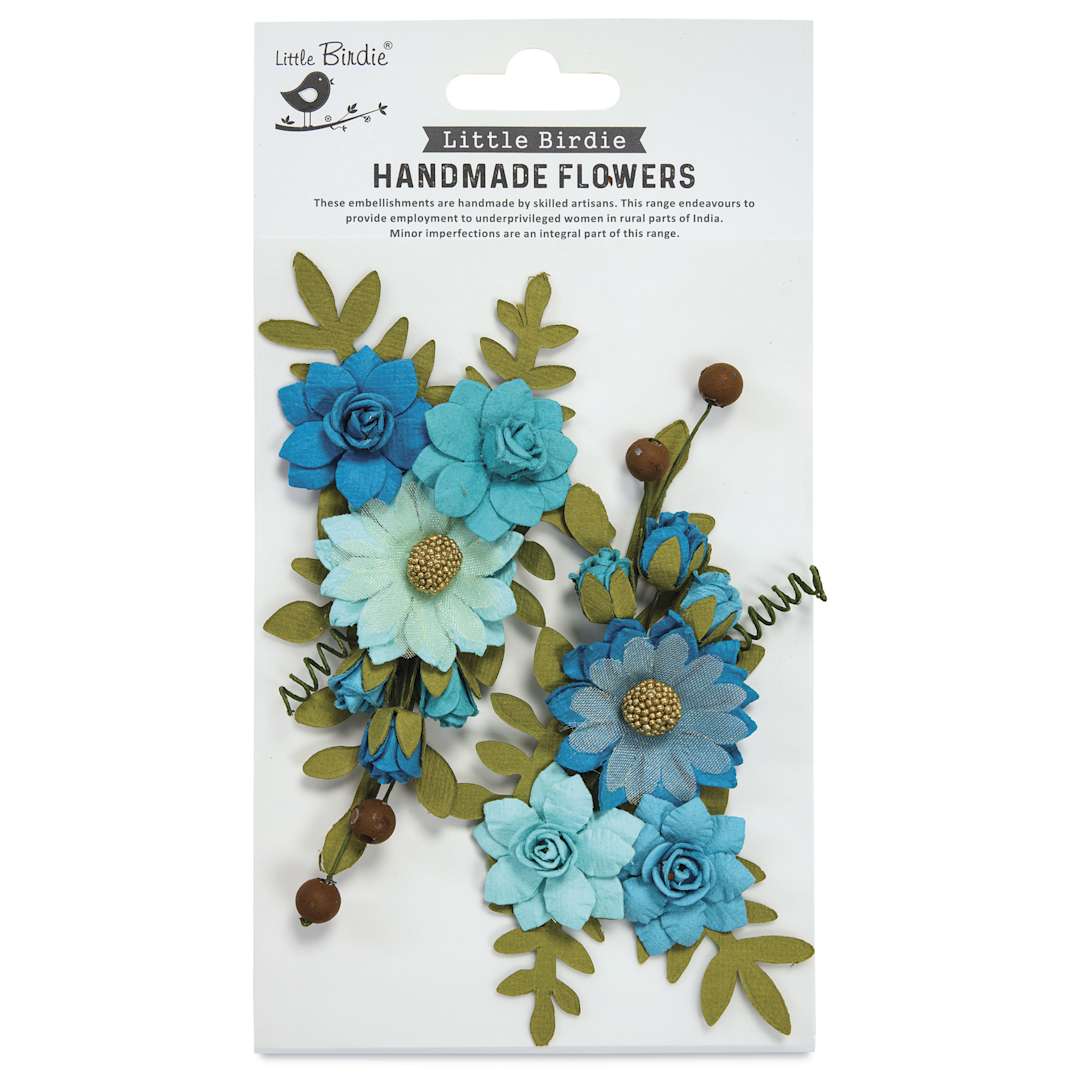 Open in modal - Little Birdie Fairy Rosa Paper Flowers - Aqua Medley, Pkg of 2 - front of packaging