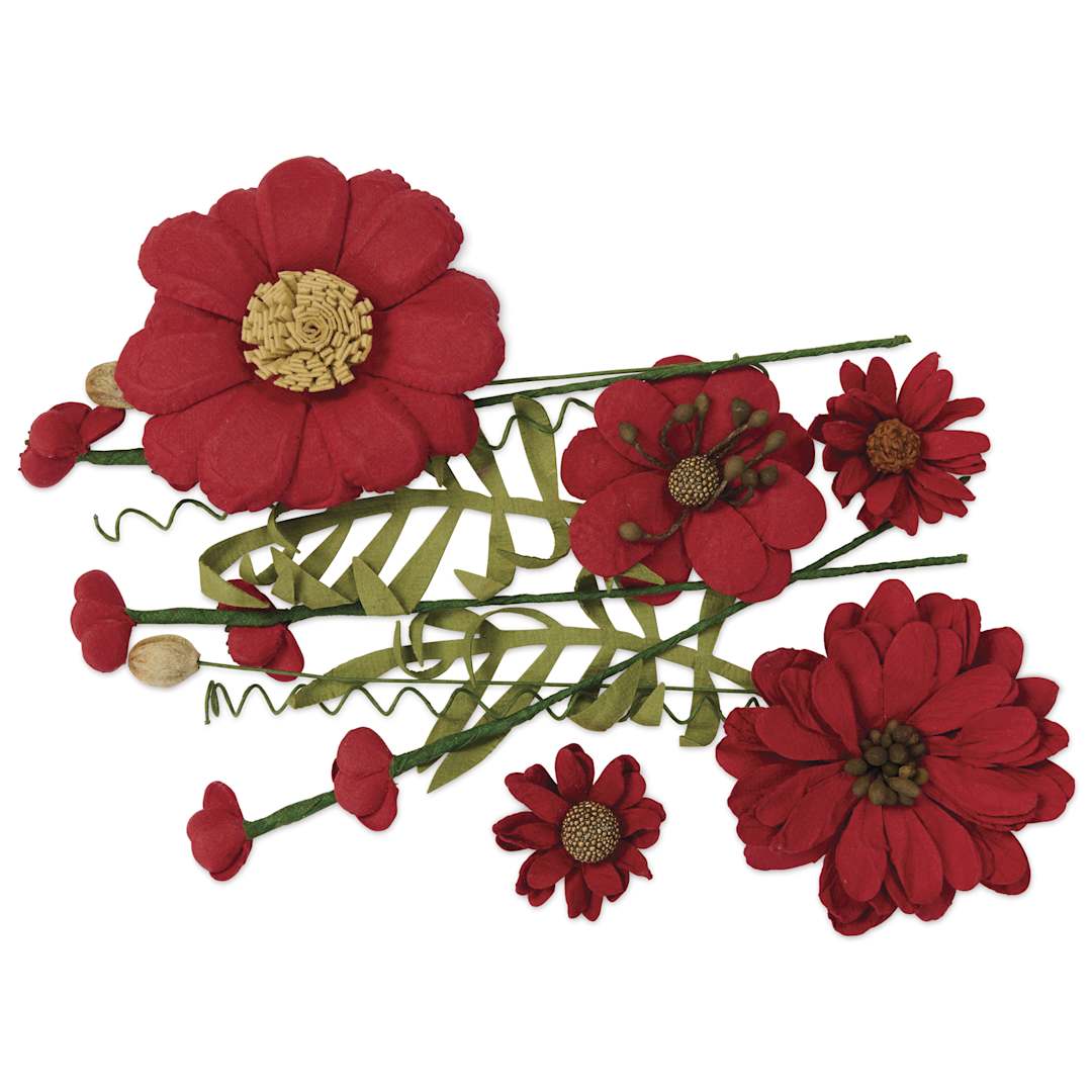 Open in modal - Little Birdie Heleen Paper Flowers - Cardinal Red, Pkg of 12 - out of packaging