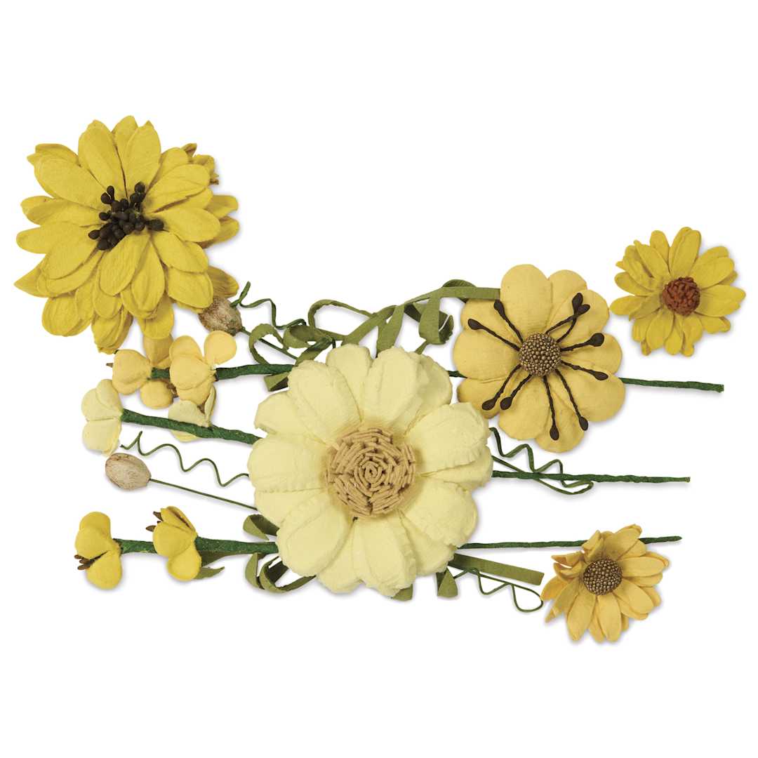 Open in modal - Little Birdie Heleen Paper Flowers - Sunshine, Pkg of 12 - out of packaging