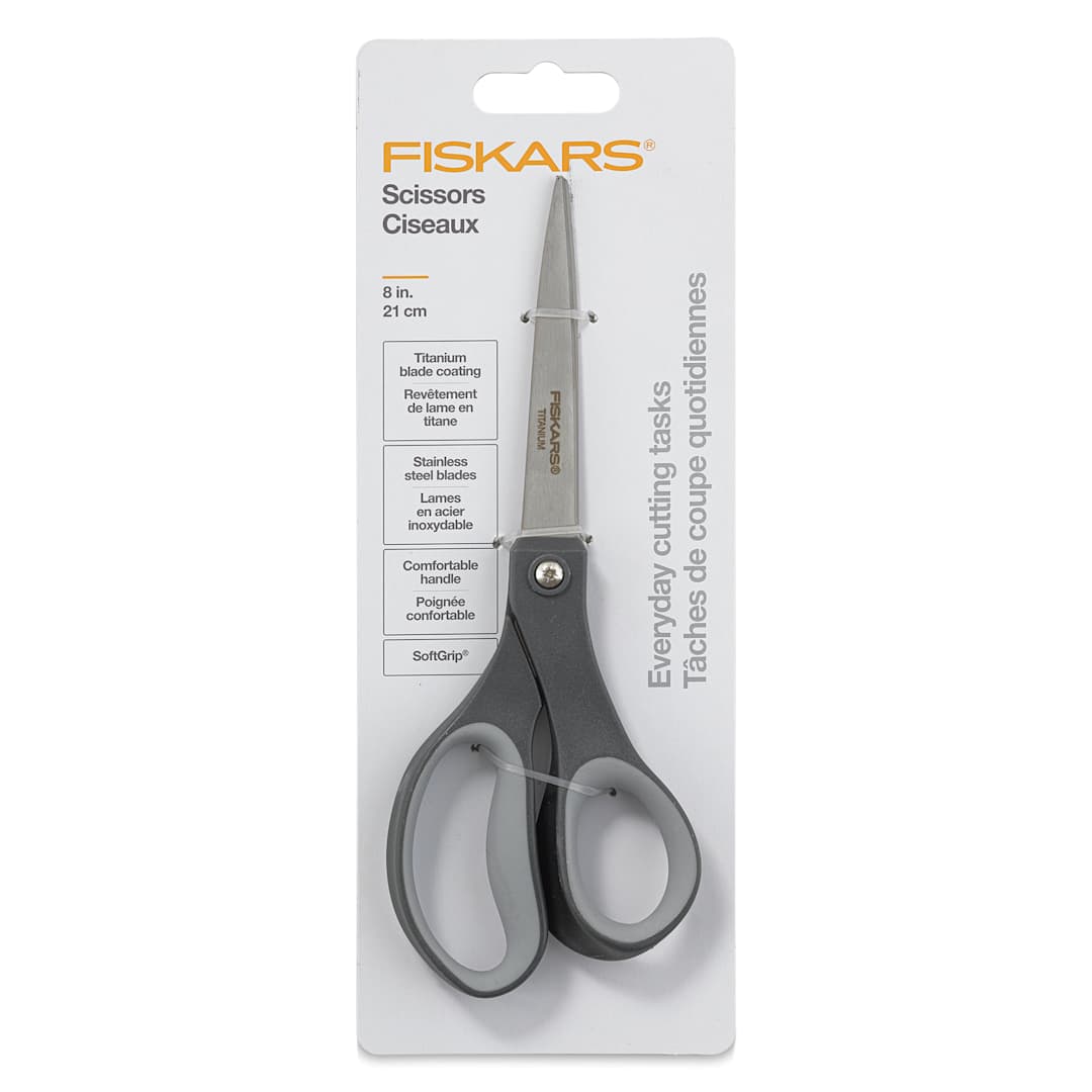 Open in modal - Fiskars Everyday SoftGrip Titanium Scissors - 8" front of packaging
