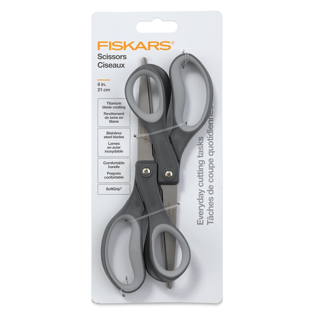 Open in modal - Fiskars Everyday SoftGrip Titanium Scissors - 8", Pkg of 2 front of packaging