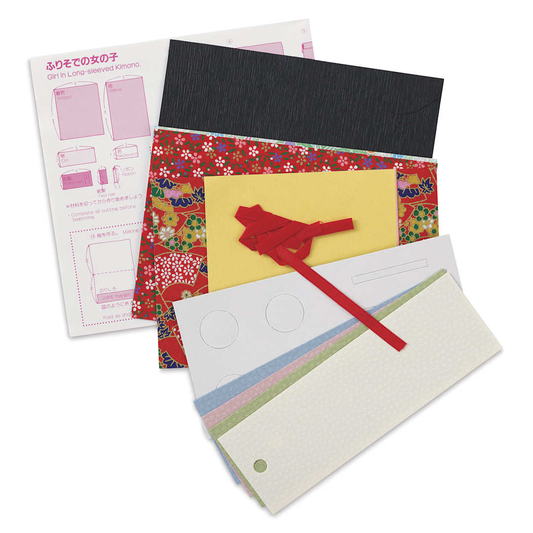 Open in modal - Aitoh Japanese Kimono Paper Doll Bookmark Origami Kit, kit contents