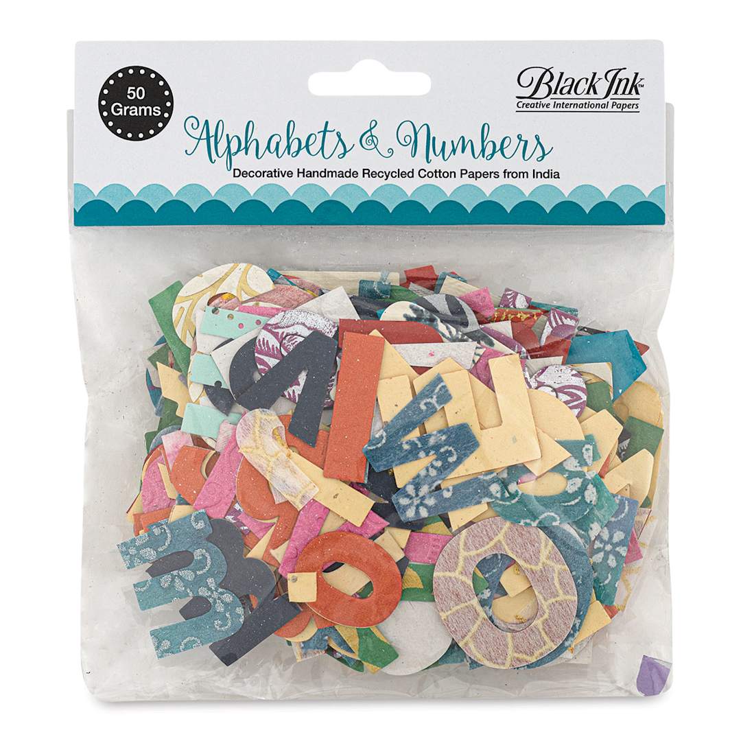 Open in modal - Black Ink Decorative Paper Alphabets and Numbers Pack - 50 grams (Front of packaging)