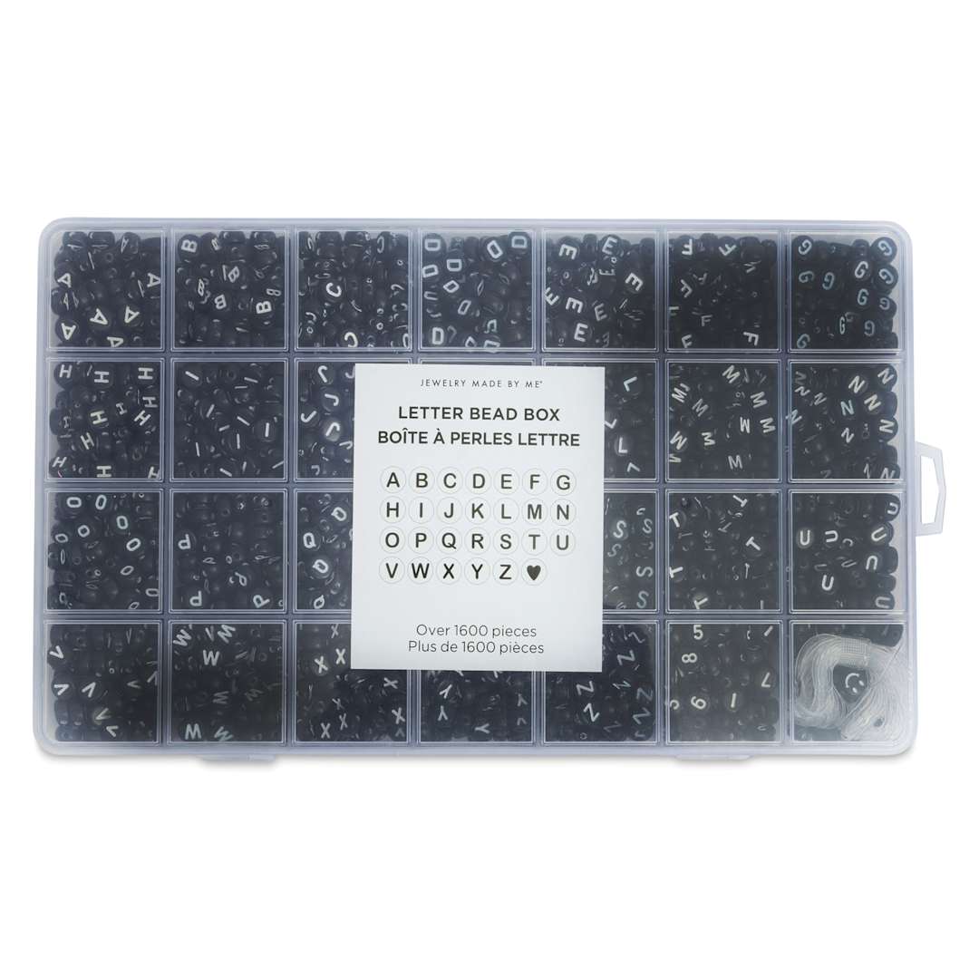 Open in modal - Jewelry Made By Me Letter Bead Box - Pkg of 1,600, Black Beads, White Letters with closed lid