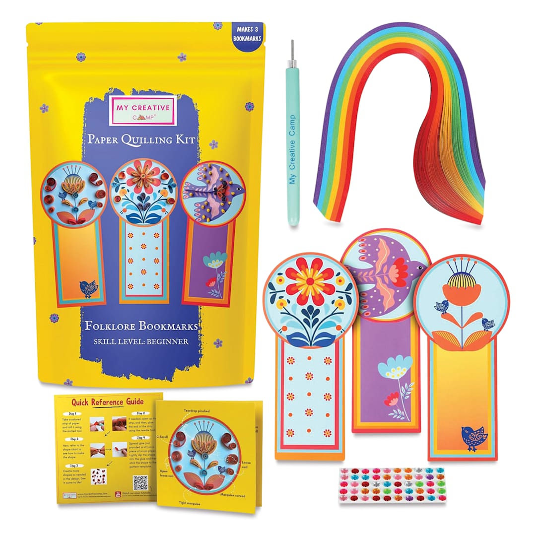 Open in modal - My Creative Camp Folklore Bookmarks Quilling Craft Kit contents with packaging