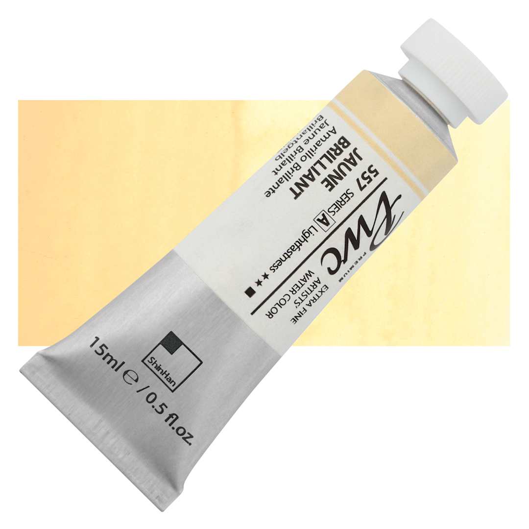 Open in modal - PWC Extra Fine Professional Watercolor - Jaune Brilliant 1, 15 ml tube and swatch